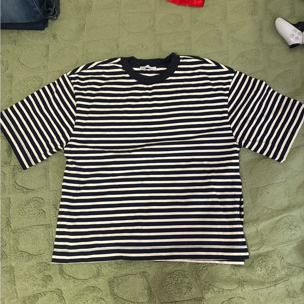 Zara Navy and White Striped Top